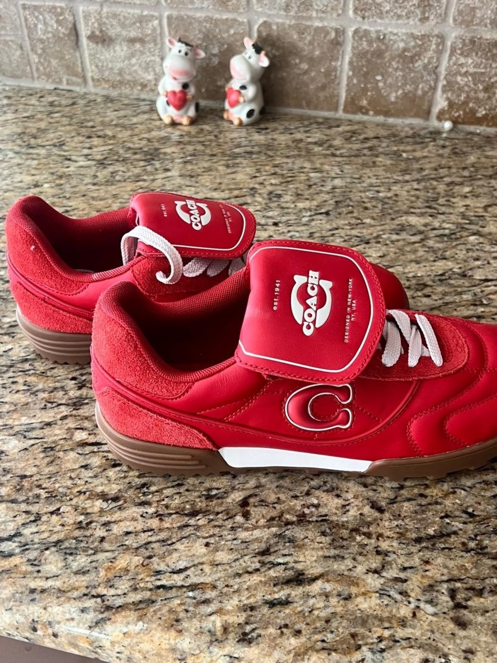 Coach Ladies Red Lace-Up Sneakers with Logo Tongue - Picture 2 of 3